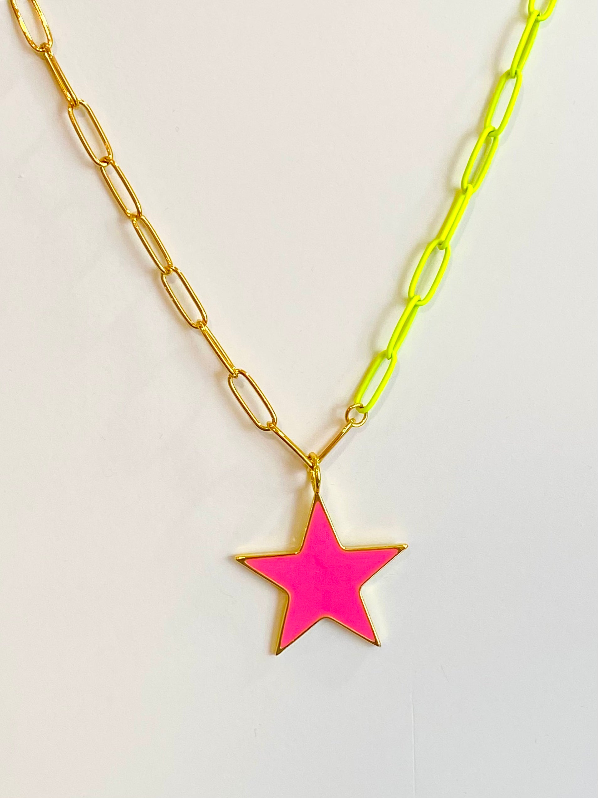 Neon Paperclip & Pink Star Necklace