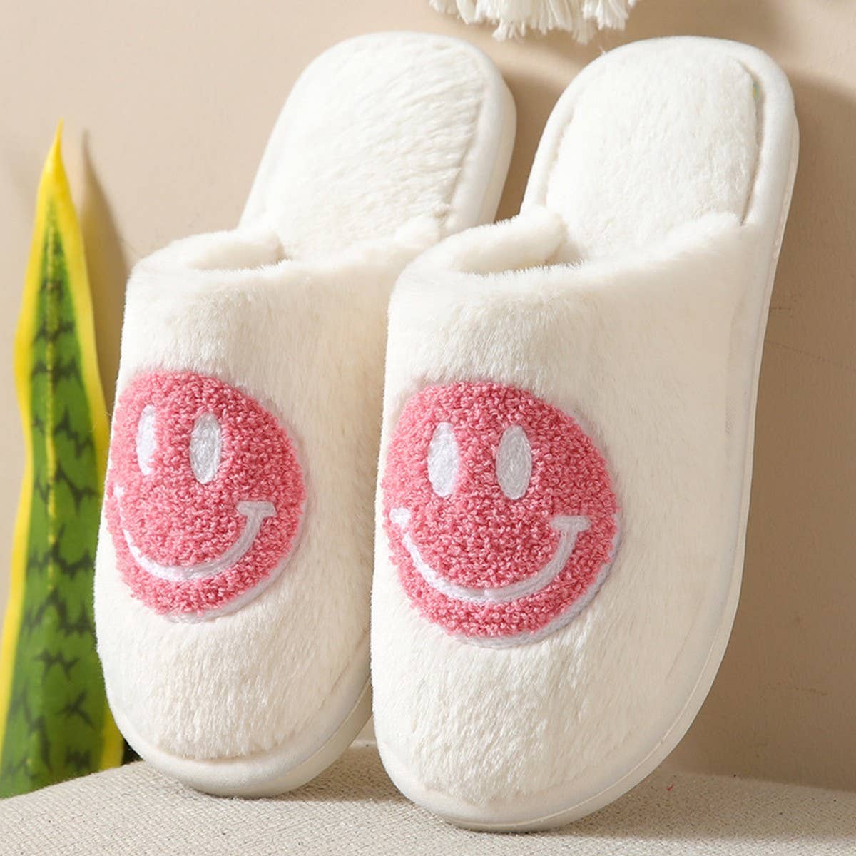 Smiley Face Fuzzy Slippers